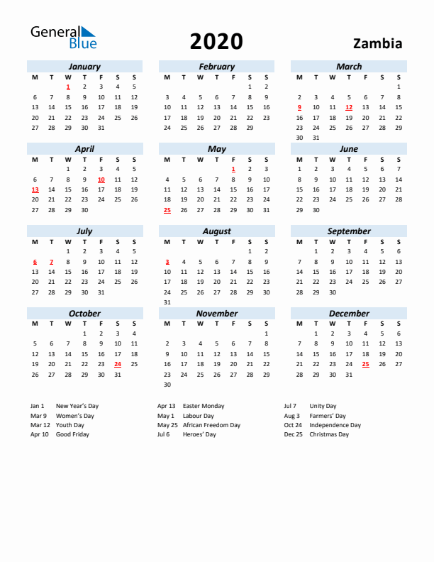 2020 Calendar for Zambia with Holidays