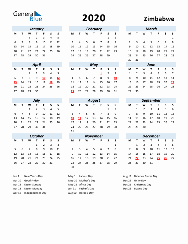 2020 Calendar for Zimbabwe with Holidays