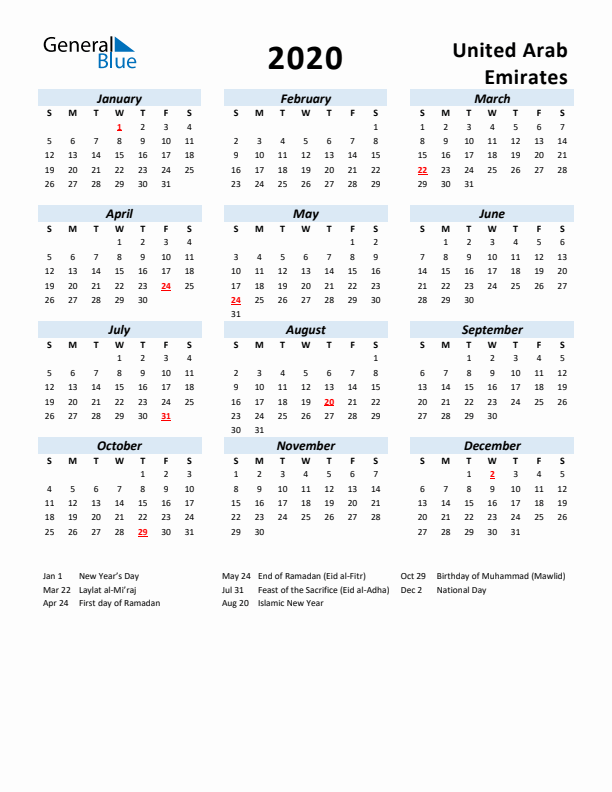 2020 Calendar for United Arab Emirates with Holidays
