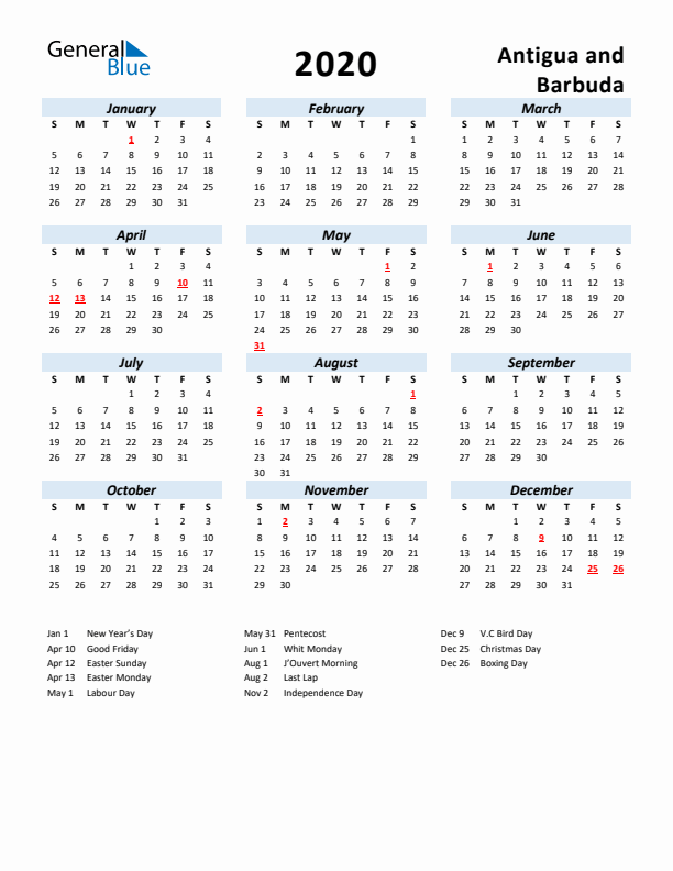 2020 Calendar for Antigua and Barbuda with Holidays