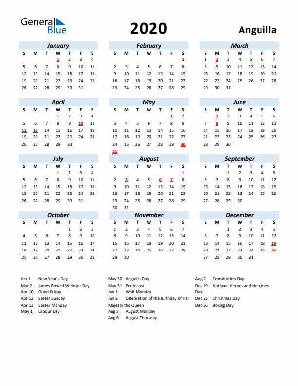 2020 Calendar for Anguilla with Holidays