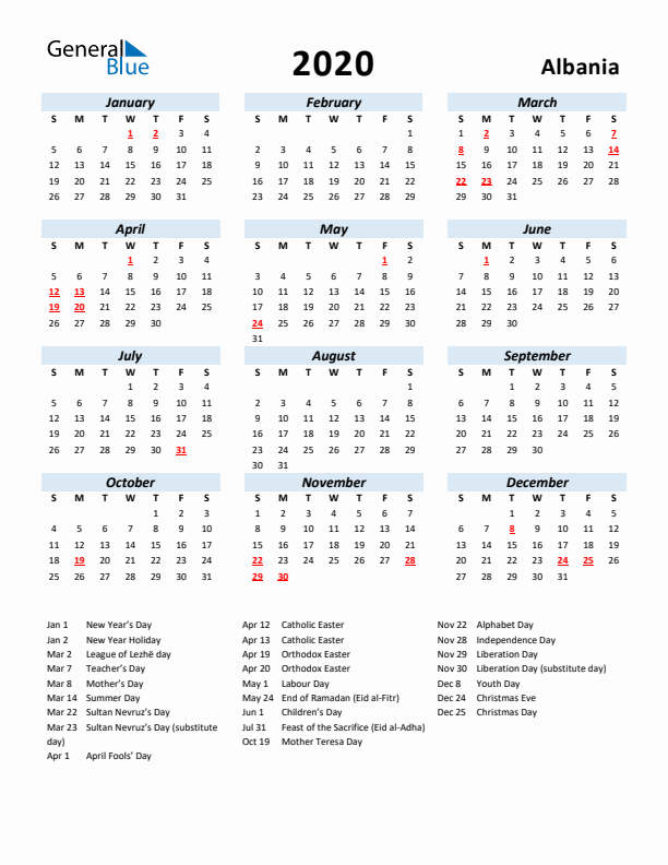 2020 Calendar for Albania with Holidays