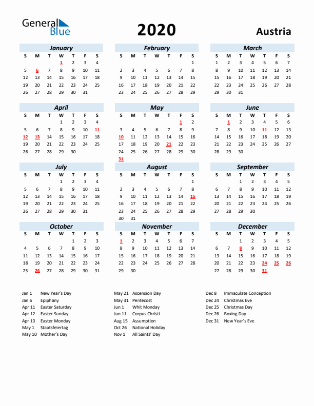 2020 Calendar for Austria with Holidays