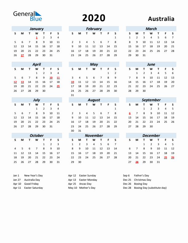 2020 Calendar for Australia with Holidays