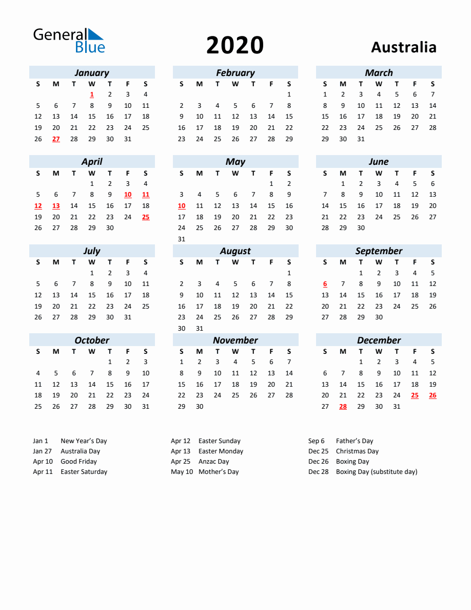 2020 Yearly Calendar for Australia with Holidays