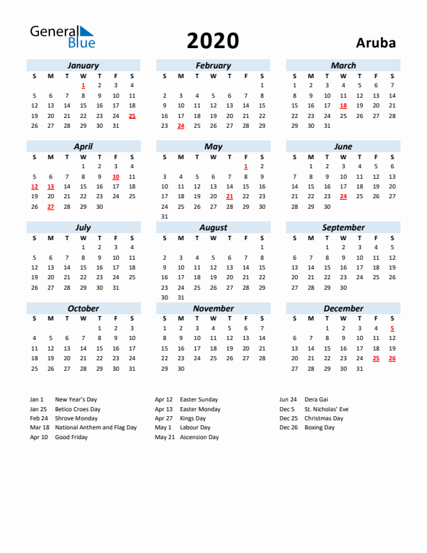 2020 Calendar for Aruba with Holidays