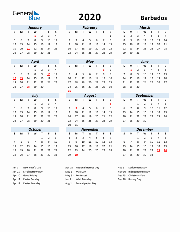 2020 Calendar for Barbados with Holidays