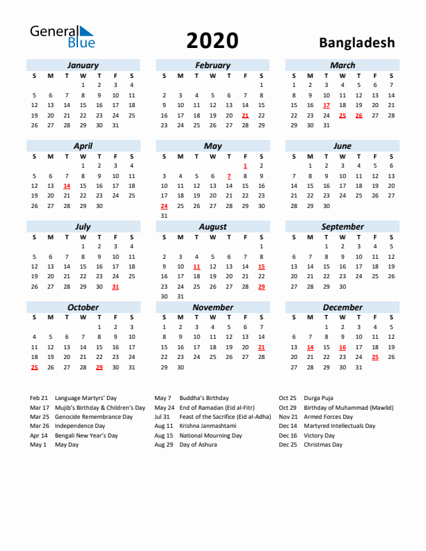 2020 Calendar for Bangladesh with Holidays