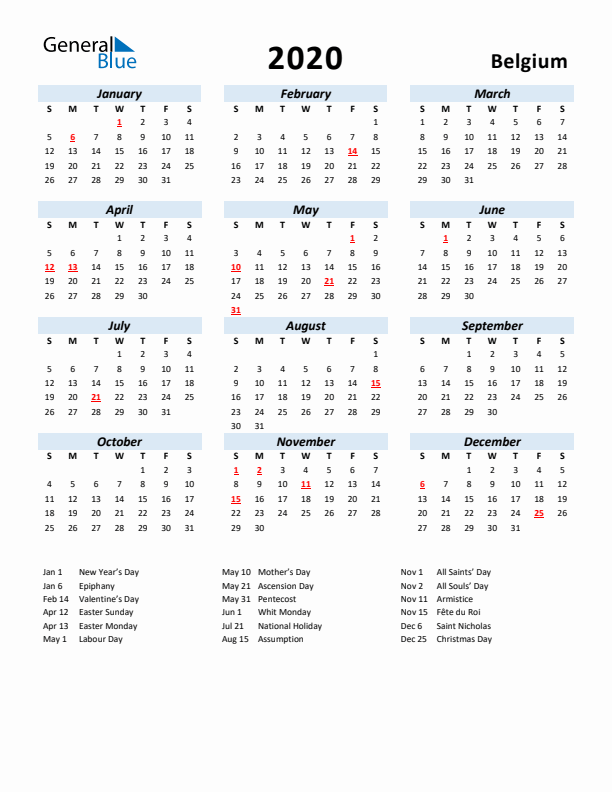 2020 Calendar for Belgium with Holidays