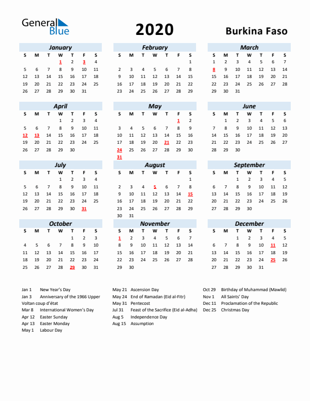 2020 Calendar for Burkina Faso with Holidays