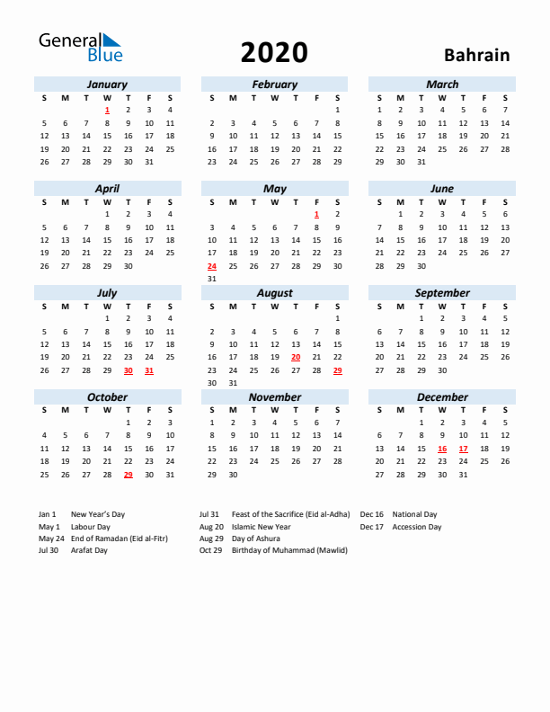 2020 Calendar for Bahrain with Holidays