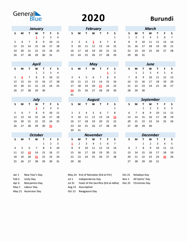 2020 Calendar for Burundi with Holidays