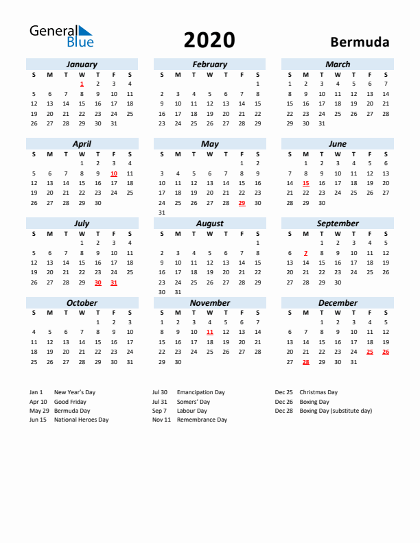 2020 Calendar for Bermuda with Holidays