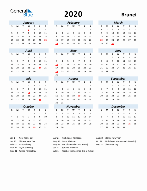 2020 Calendar for Brunei with Holidays