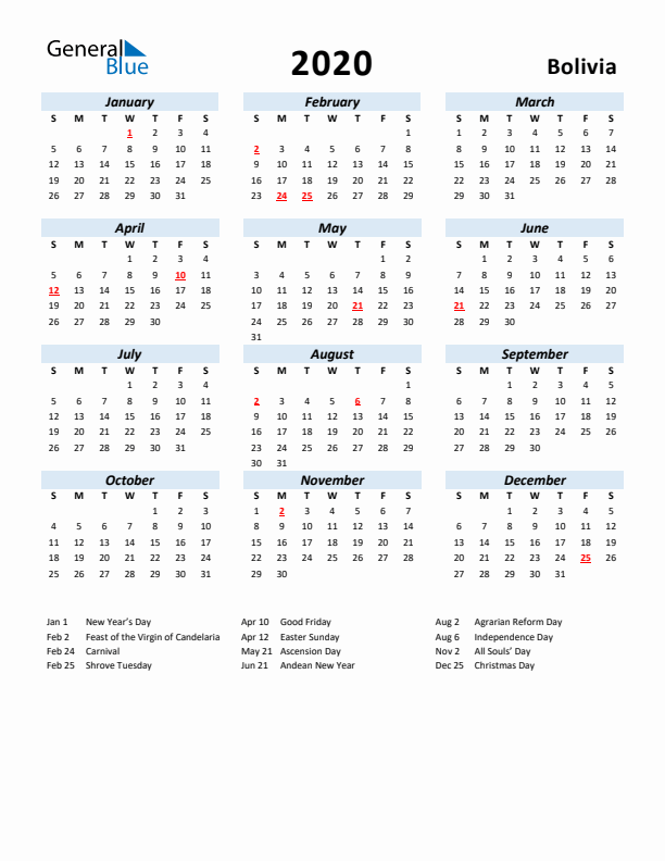2020 Calendar for Bolivia with Holidays