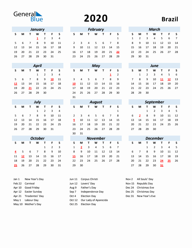 2020 Calendar for Brazil with Holidays