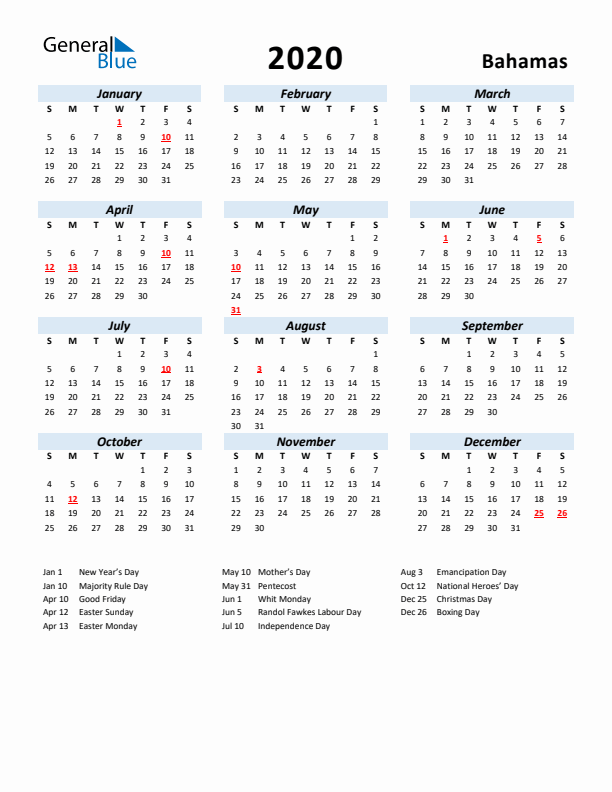 2020 Calendar for Bahamas with Holidays