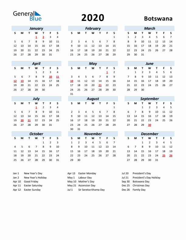 2020 Calendar for Botswana with Holidays
