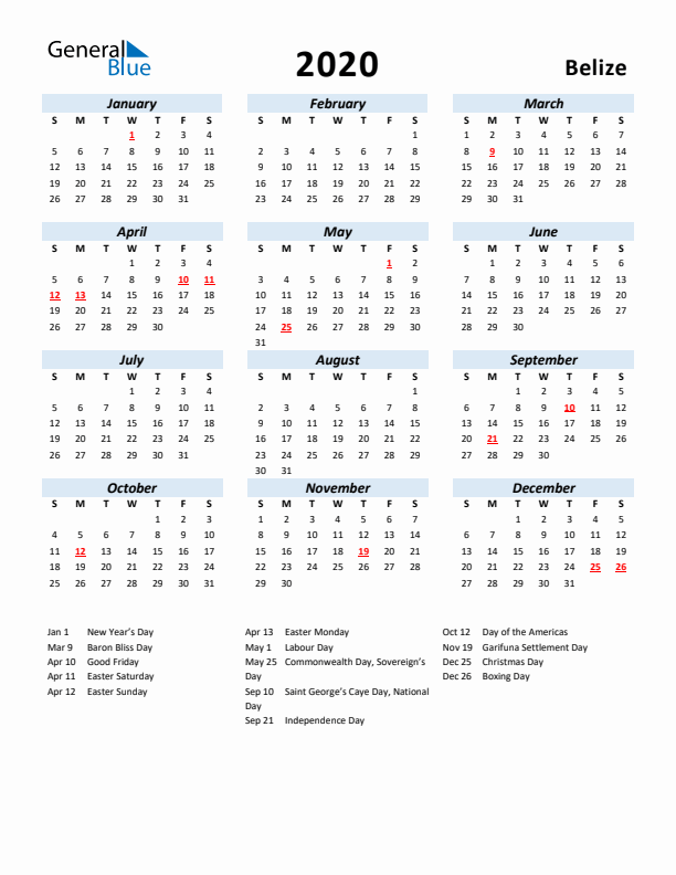 2020 Calendar for Belize with Holidays