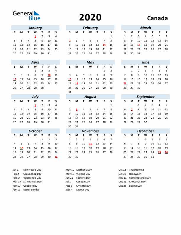 2020 Calendar for Canada with Holidays