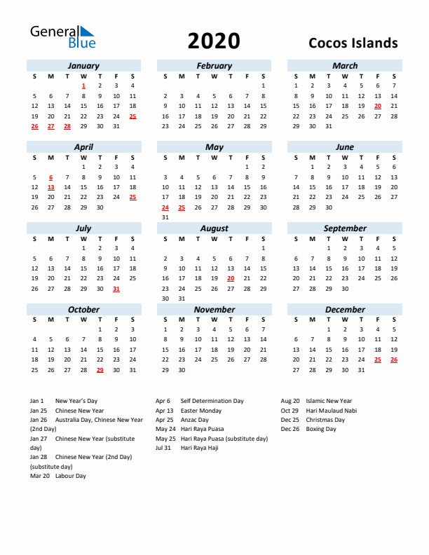 2020 Calendar for Cocos Islands with Holidays