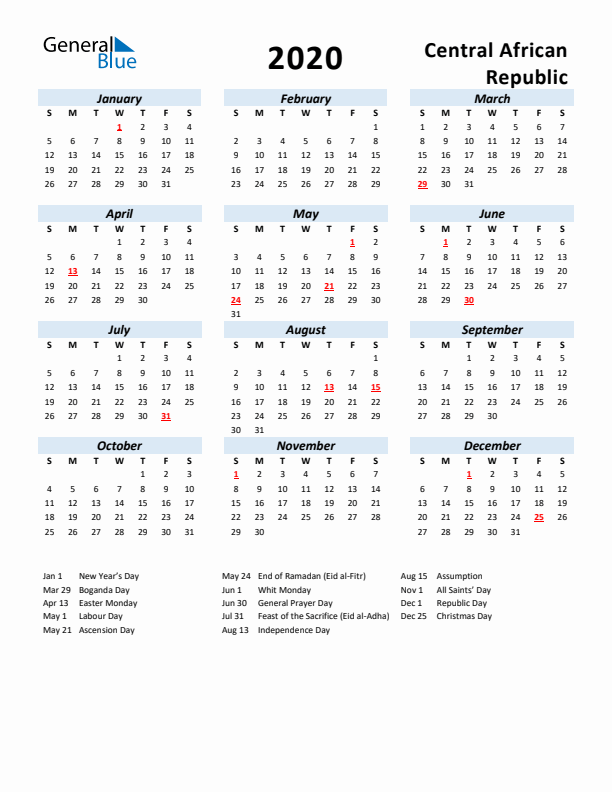 2020 Calendar for Central African Republic with Holidays