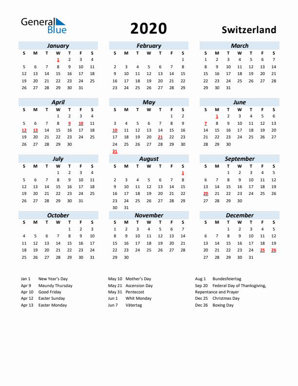 2020 Calendar for Switzerland with Holidays