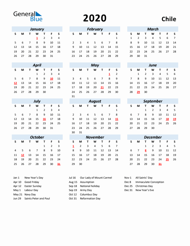 2020 Calendar for Chile with Holidays