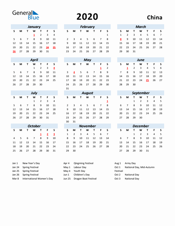 2020 Calendar for China with Holidays