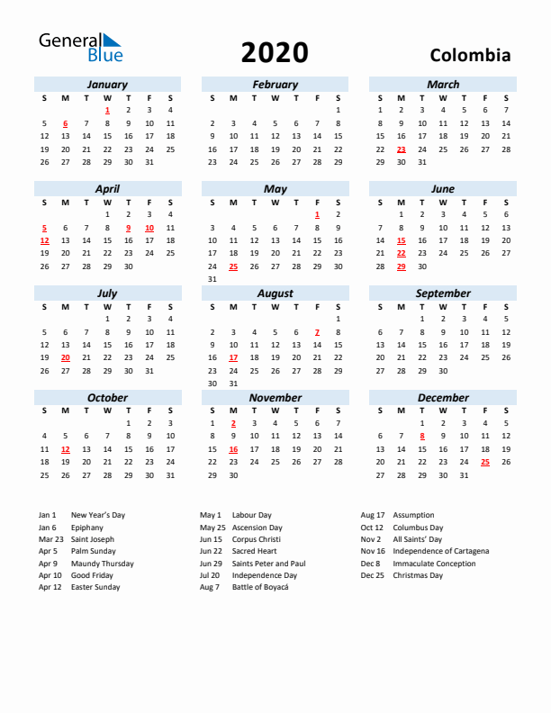 2020 Calendar for Colombia with Holidays