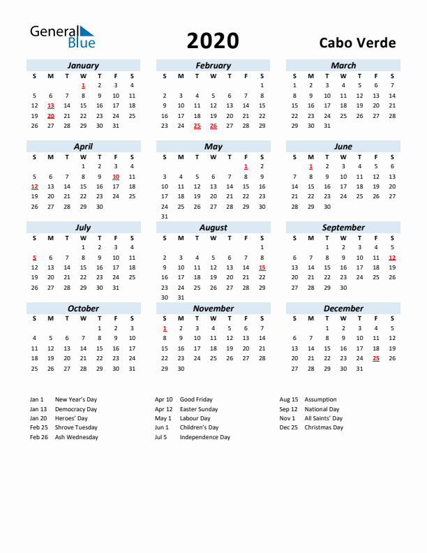2020 Calendar for Cabo Verde with Holidays