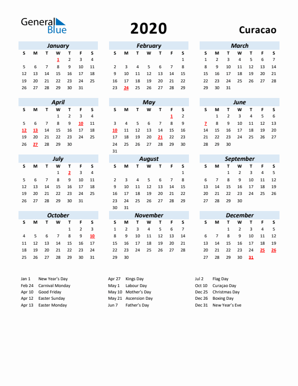 2020 Calendar for Curacao with Holidays