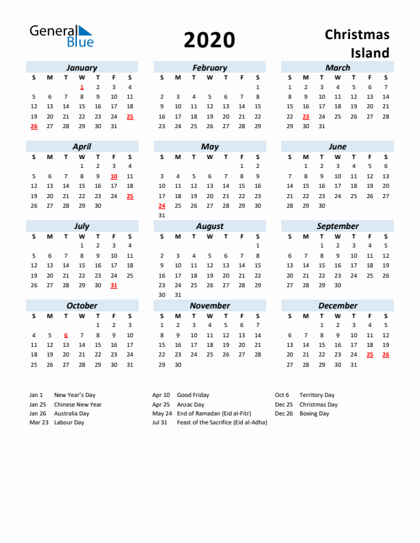 2020 Calendar for Christmas Island with Holidays