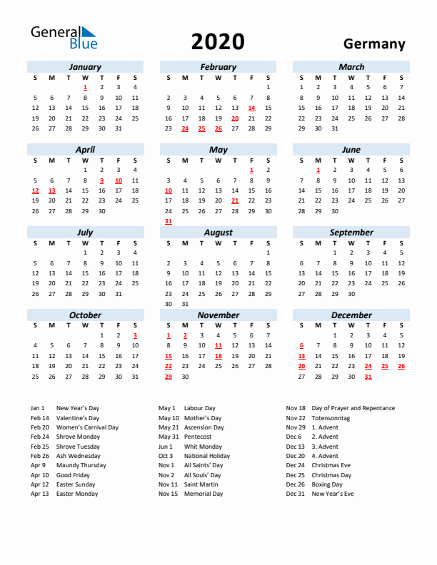 2020 Calendar for Germany with Holidays