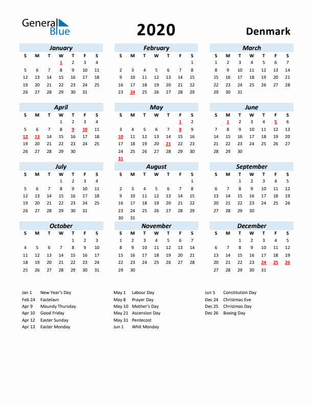 2020 Calendar for Denmark with Holidays