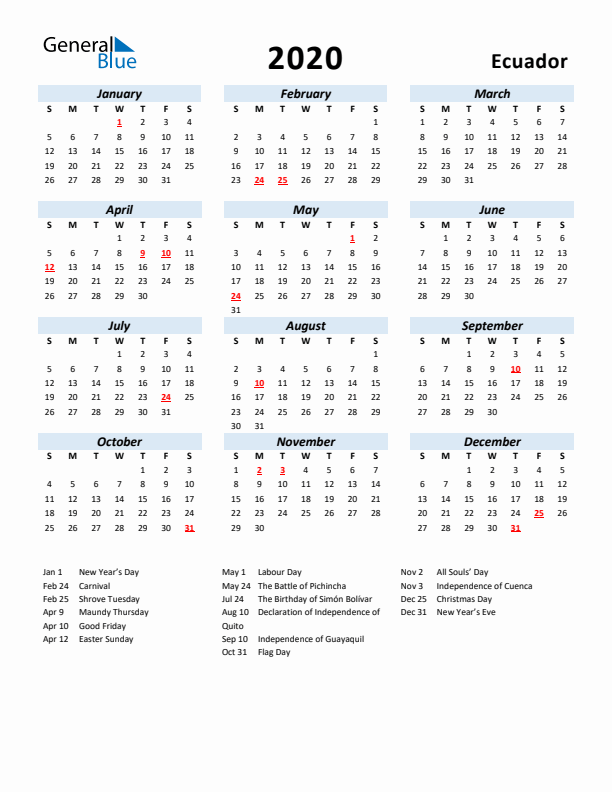 2020 Calendar for Ecuador with Holidays