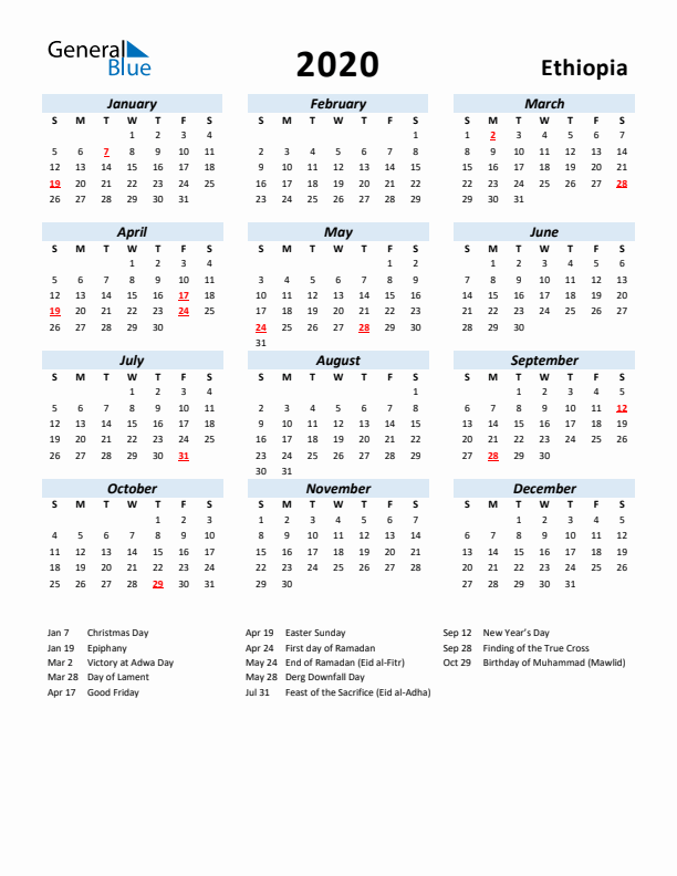 2020 Calendar for Ethiopia with Holidays