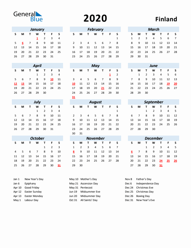 2020 Calendar for Finland with Holidays