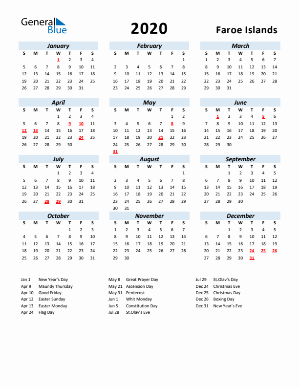 2020 Calendar for Faroe Islands with Holidays