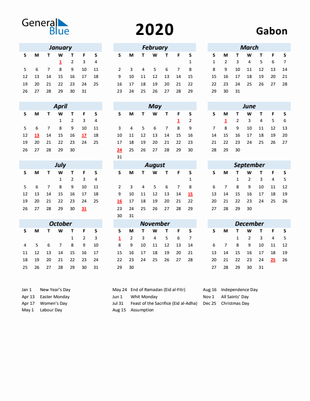 2020 Calendar for Gabon with Holidays