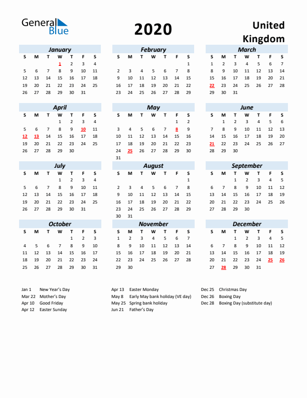 2020 Calendar for United Kingdom with Holidays