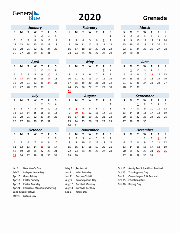 2020 Calendar for Grenada with Holidays