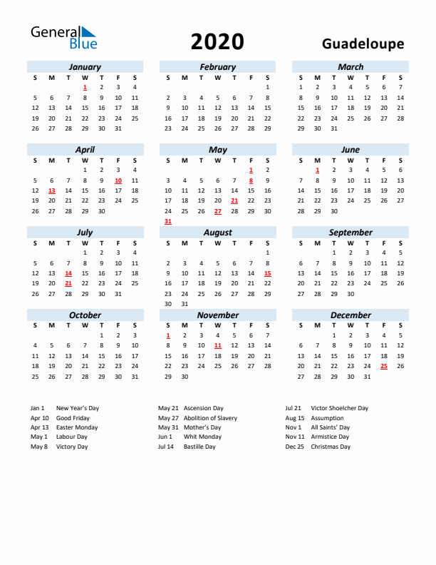 2020 Calendar for Guadeloupe with Holidays