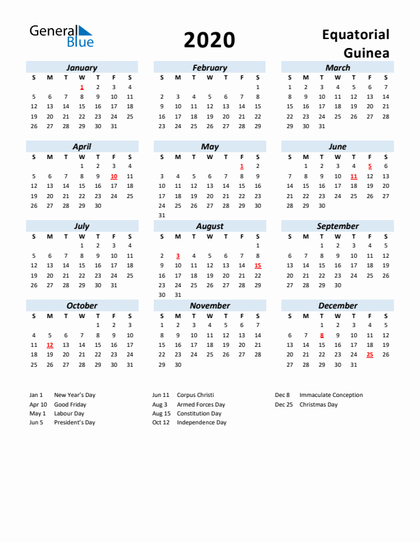 2020 Calendar for Equatorial Guinea with Holidays
