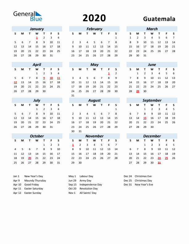 2020 Calendar for Guatemala with Holidays