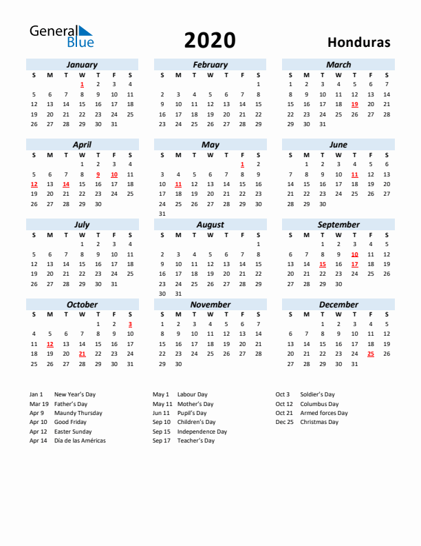 2020 Calendar for Honduras with Holidays