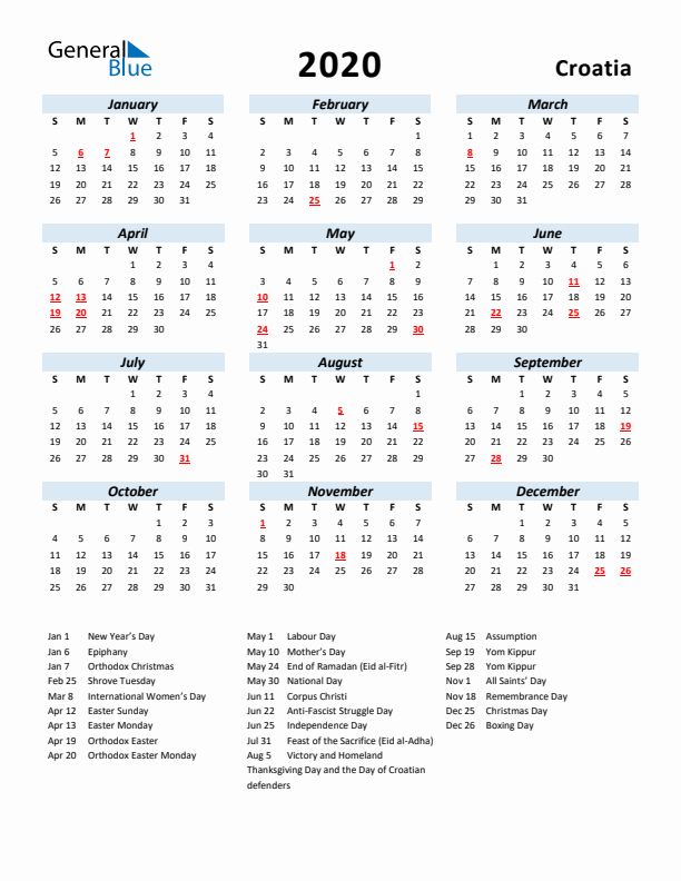 2020 Calendar for Croatia with Holidays