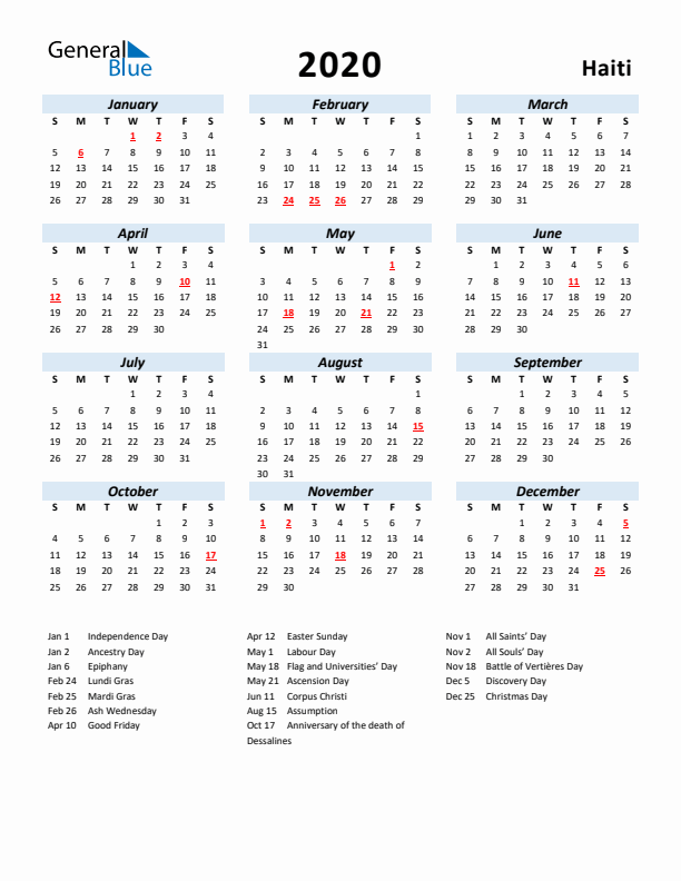 2020 Calendar for Haiti with Holidays