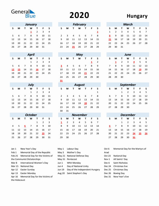 2020 Calendar for Hungary with Holidays