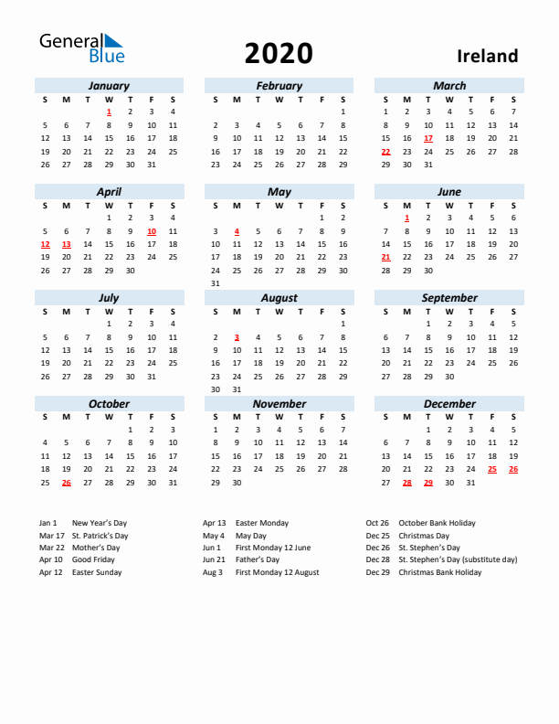 2020 Calendar for Ireland with Holidays